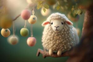 Cute and Funny Woolen Sheep Among Apples in a Lush Summertime Apple Tree photo