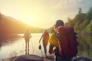 explorador el al aire libre grupo excursionismo y cámping por el río con mochilas ai generado foto