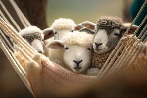 Cute and Sleepy Little Sheep Taking a Nap in a Hammock photo