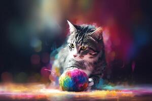 Playful Cat with Colorful Wool Balls photo