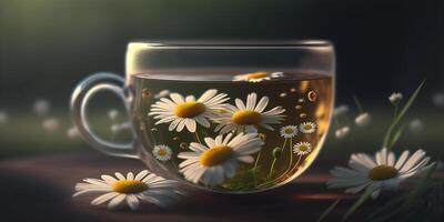 vaso tarro lleno con manzanilla flores, ilustrado ai generado foto