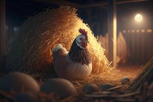 Cozy Hen in Haystack Basking in Warm Sunlight in Rustic Barn photo
