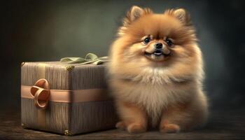 Adorable Pomeranian Dog Holding a Gift Box with Curiosity photo