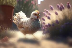 un contento gallina disfrutando lavanda flores en un primavera prado ai generado foto