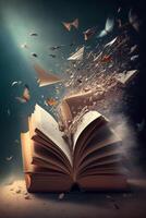 Illustration of a mystical magical book with flying leaves and letters content photo