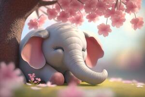 soñando elefante debajo un rosado florecer árbol en un soleado día ai generado foto