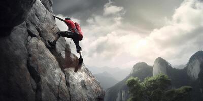 Scaling the Majestic Heights A Climber's Adventure amidst Towering Clouds and Mountains photo