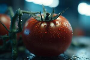 brillante Tomates cultivo debajo artificial uv ligero para óptimo crecimiento y nutrición ai generado foto