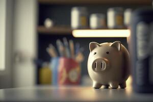 Piggy Bank on a Desk in an Office Setting with Stationery Supplies photo