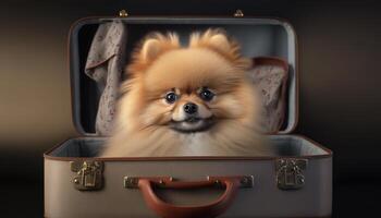 Listo para el viaje adorable pomeranio perro sentado en un maleta ai generado foto