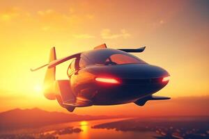 Flying Car Futuristic AI-Powered Vehicle Soaring at Sunset photo