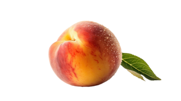 Realistic Ripe Peach with Green Leaf and Water Droplets on Background, . png