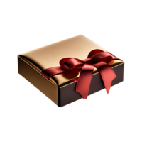 realista dorado regalo caja con rojo seda cinta icono en 3d representación. png