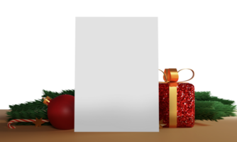 joyeux Noël salutation carte avec 3d cadeau boîte, babiole, bonbons canne, sapin feuilles. png