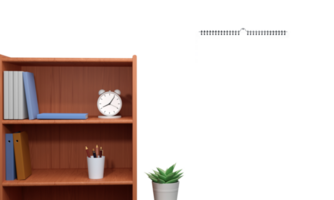 Calendar Template Mockup With Plant Pot, Book, Open Cupboard, Alarm Clock, Pen Holder And Plant Pot. png