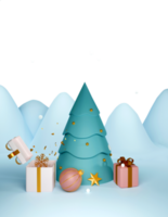 3d jul träd med gåva lådor, struntsak, gyllene snöflinga, stjärna, konfetti png