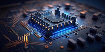 Close-up of Blue-Toned Processor on Motherboard with Bokeh Effect photo