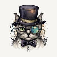 el encantado felino con parte superior sombrero y monóculo, ilustración ai generado foto