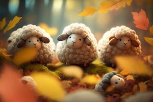 Cute and Cozy Sheep Among Colorful Autumn Leaves in a Sunny Forest on a Beautiful Fall Day photo