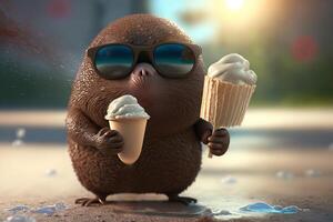 Illustration Funny mole with sunglasses eats an ice cream in summer content photo