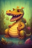 Whimsical and Colorful Digital Comic Art The Playful Adventures of Sarcosuchus in a Prehistoric World photo
