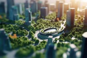 Green metropolis of the future High-tech city with lush vegetation and clear skies photo