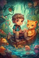 explorador un mágico mundo con mítico criaturas un joven Niños aventuras en cómic estilo digital pintura con vibrante contrastando colores ai generado foto