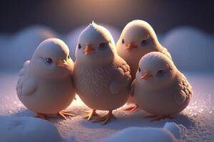 Flock of Funny Chickens Having Fun in the Snow photo