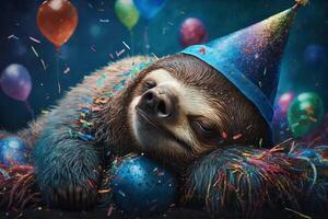 Exhausted tired sloth fell asleep at a party with party hat and confetti photo