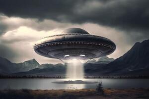 UFO an alien saucer hovering above the field in the clouds photo