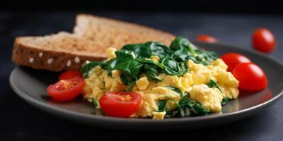 Savory spinach scrambled eggs on a dark plate photo