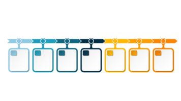 Horizontal timeline or flowchart with seven square elements and space for data. png