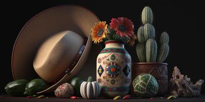 un cinco Delaware mayonesa mexicano todavía vida con Bokeh, un mexicano sombrero y cactus ai generado foto