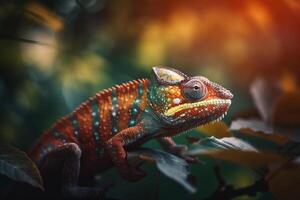 Camouflaged Chameleon perched on jungle tree branch photo