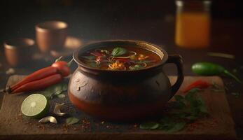 Aromatic and Spicy South Indian Rasam Soup with Tamarind and Lentils photo