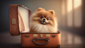 Ready for the Journey Adorable Pomeranian Dog Sitting in a Suitcase photo