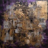 Layers of Time and Texture A Captivating Industrial Chic Artwork with Collages and Paint on a Large Canvas in Purple and Sepia photo