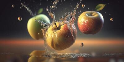 varios manzanas que cae dentro agua - un digital ilustración representando el onda efecto de Fruta impacto ai generado foto