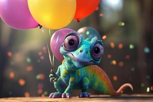 loco camaleón celebrando con globos y salvaje alegría ai generado foto