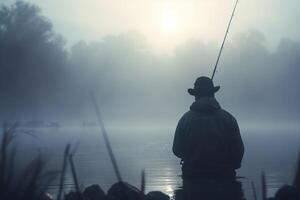 Fishing at Dawn Angler in the misty lake with fishing rod photo