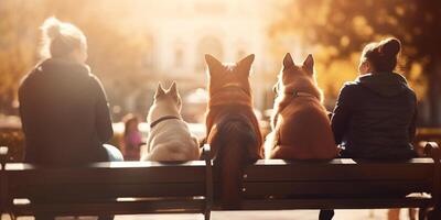 perro propietarios disfrutando un relajante día con su peludo amigos en el ciudad parque ai generado foto