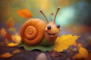 A funny fairytale snail in autumn between brown leaves photo