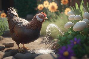 Henny the Hen at the Sparkling Spring in a Meadow of Flowers photo