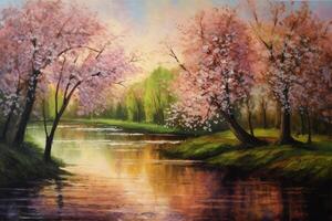 primavera felicidad un magnífico pintura de rosado cierne arboles a lo largo un río en lleno color esplendor ai generado foto