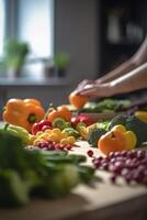 Bright Kitchen with Wooden Countertop, Abundant Fruits and Vegetables, and Blurry Chef in the Background photo