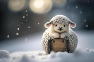 Adorable little sheep having fun sledding in the snowy winter wonderland photo