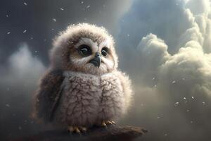 funny fluffy owl chick looks dreamy photo