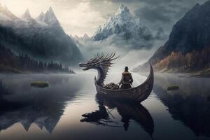Dragon-Headed Chinese Boat on a Misty Lake with Enchanting Mountain Landscape and Mystical Ambience photo