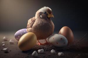 adorable pequeño pollo polluelos con Pascua de Resurrección huevos en un cesta ai generado foto