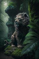 Majestic Lion Sculpture in Jungle Landscape Chinese Artwork AI generated photo